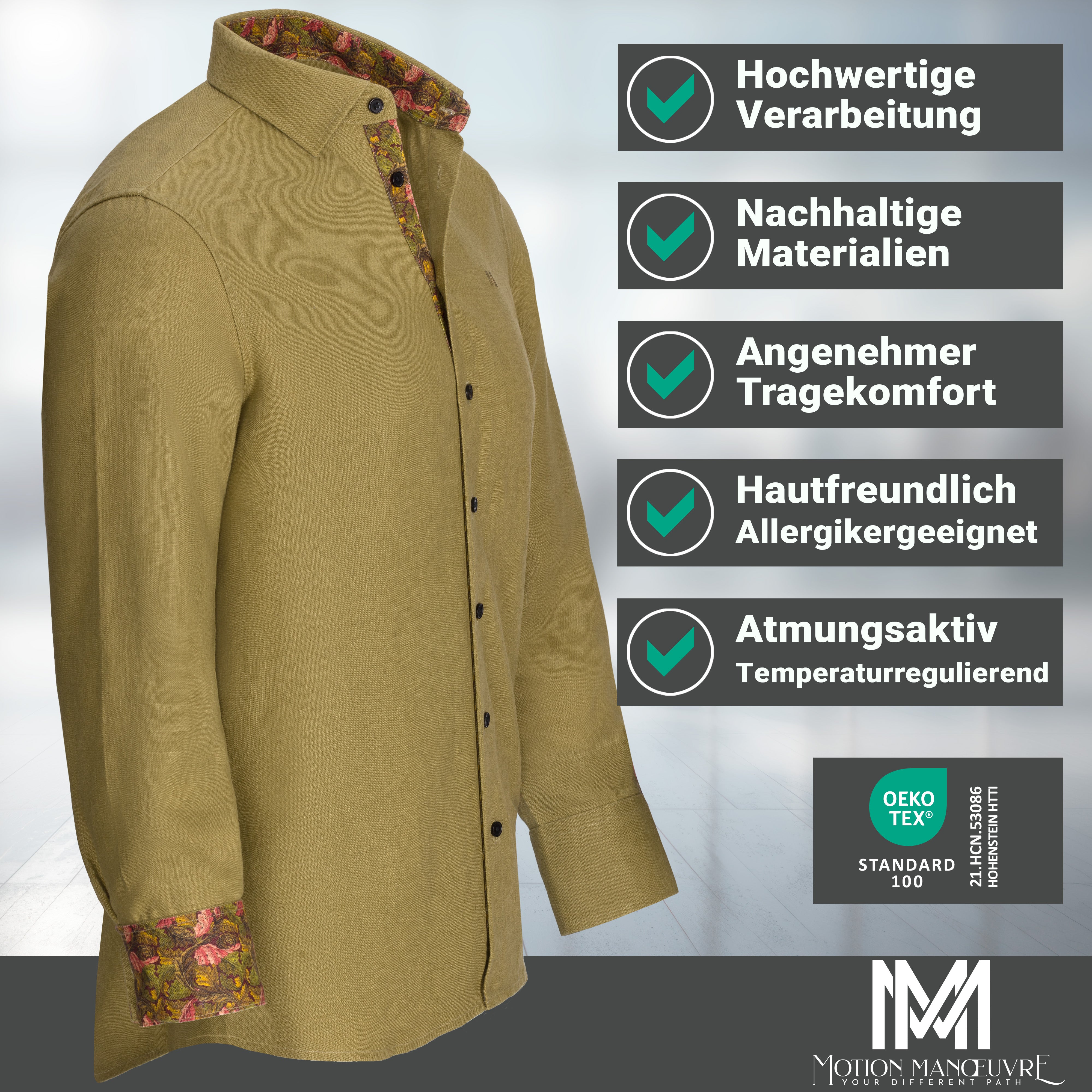 Exklusive Ultimate-Bio-Leinenhemd in olivgrün - Massiv. Markant. Motion.