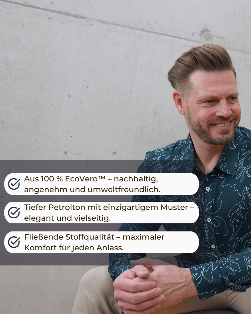 Winterhemd "Natureblues" aus 100% Ecovero getragen von einem Mann mit Nennung weiterer Vorteile