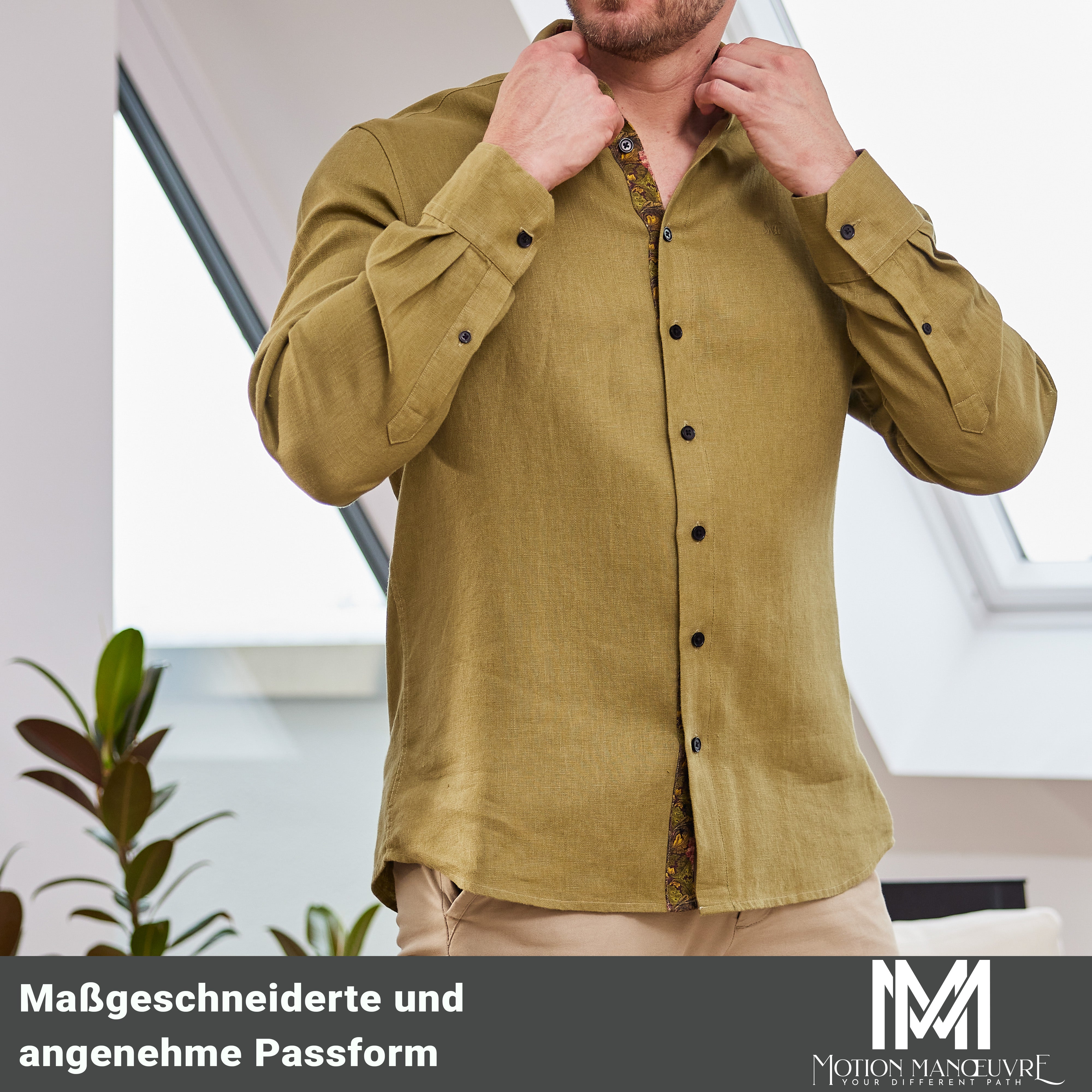 Exklusive Ultimate-Bio-Leinenhemd in olivgrün - Massiv. Markant. Motion.