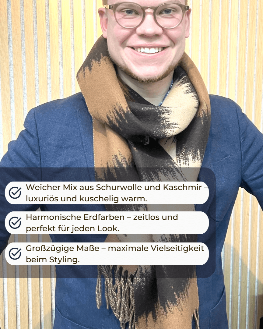 Schal "Forest duff" aus Schurwolle und Kaschmir getragen mit Produktvorteilen
