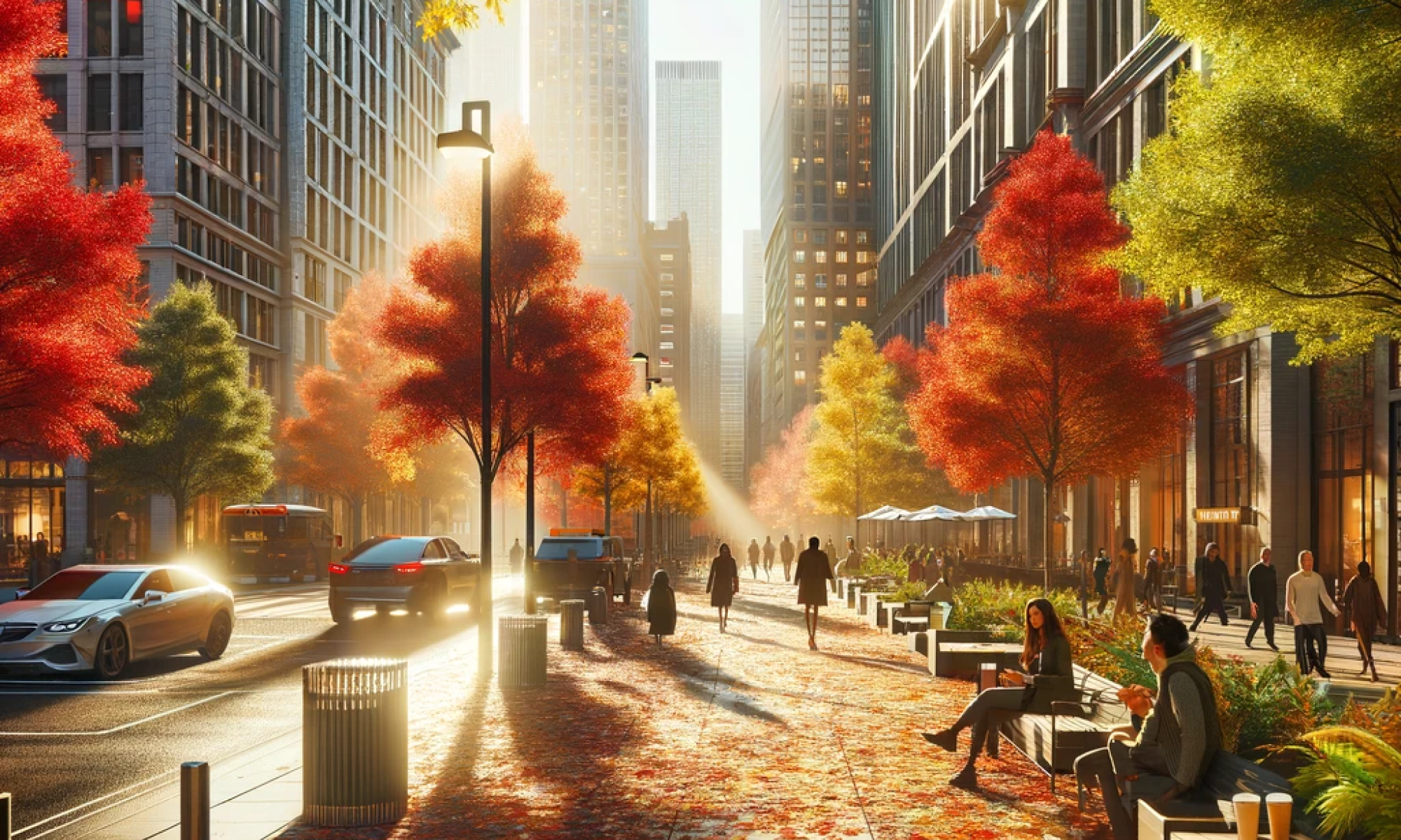 Einkaufsstraße einer amerikanischen Großstadt im Herbst